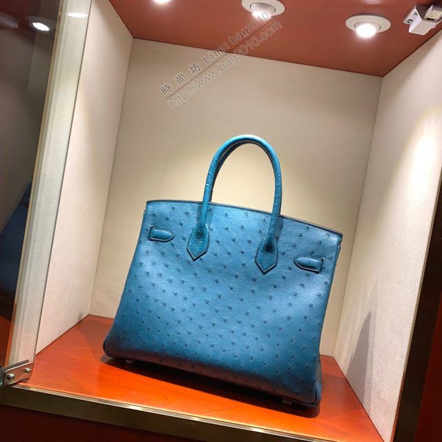 Hermes女包 愛馬仕Birkin30cm Hermes鉑金包 Ostrich鴕鳥皮 全手縫蠟線 S7 Blue Galice加利西亞藍  am1904